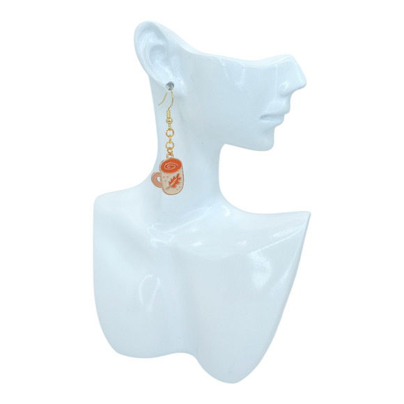 Fall Coffee Cup Earrings ☕🍁 Autumn Leaf Latte Dangle Jewelry - Picture 4 of 4
